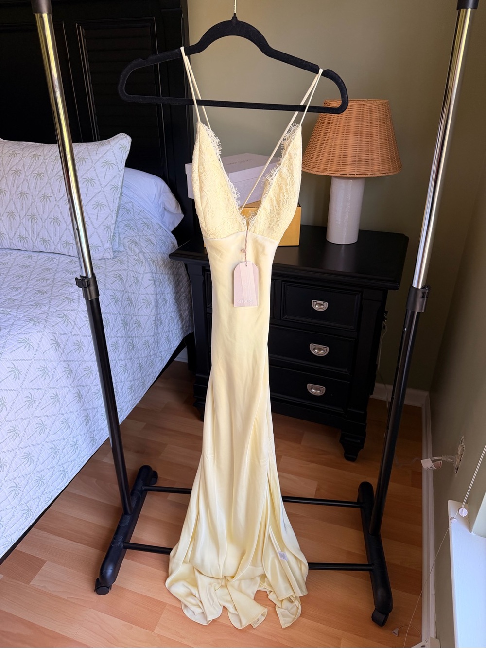 Meshki Pale Yellow Lace-Trim Maxi Slip Dress